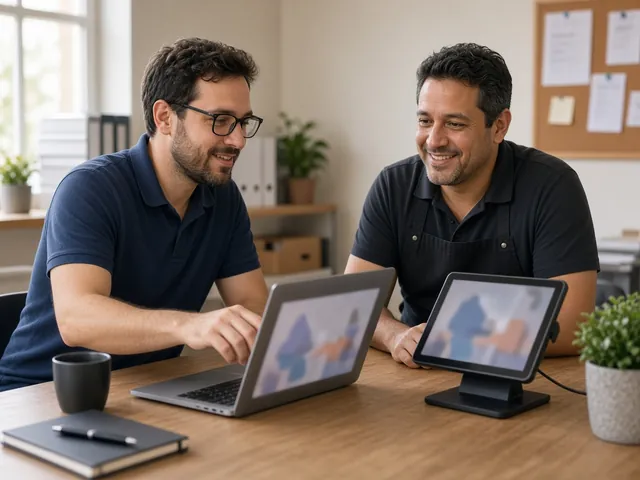 Technician helping a business owner set up a laptop and POS tablet