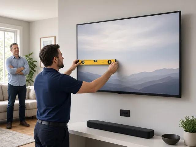 Technician leveling a wall-mounted TV